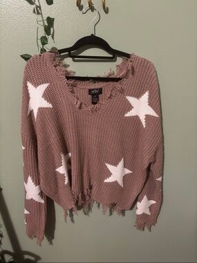 Oversized Pink Star-Print Distressed V-Neck Sweater